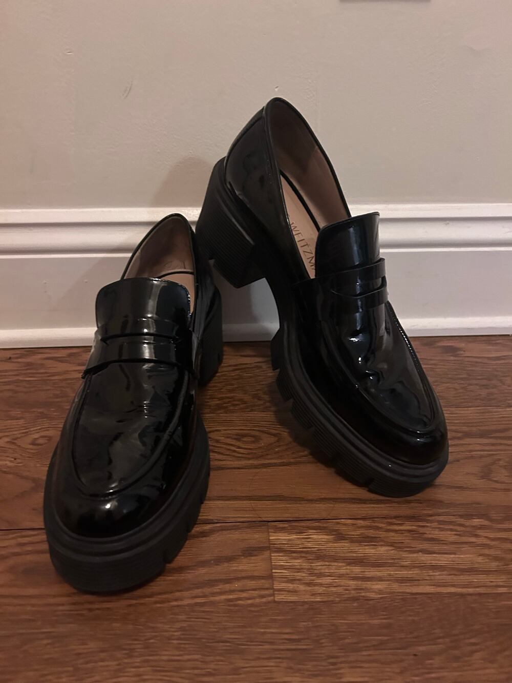Stuart Weitzman Soho Black Patent Leather Chunky Lug Sole Loafers Women's US 11
